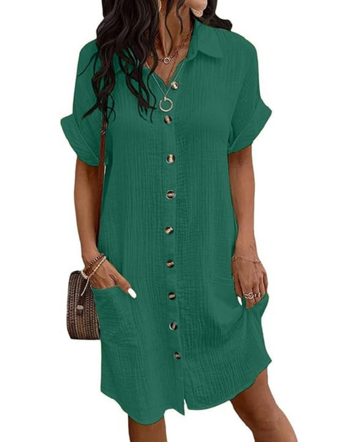 Robe chemise femme col V boutonnée, coupe A-line, élégance estivale et confort pour vos vacances.