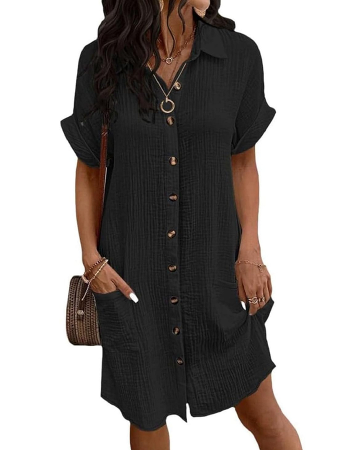Robe chemise femme col V, boutonnée, coupe A-line, style fluide confortable pour l'été.