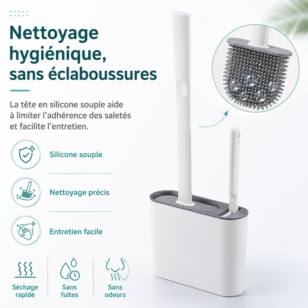 Brosse de toilettes double face en silicone pour un nettoyage efficace des cuvettes WC, avec fixation murale.