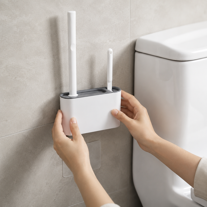 Durabilité garantie : Brosse de toilettes en silicone robuste et support mural pour une hygiène longue durée.