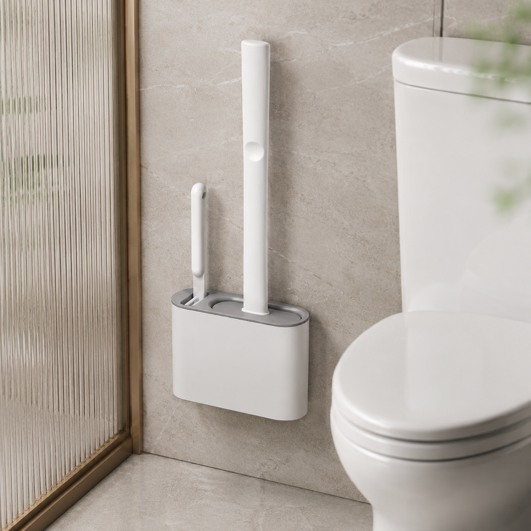 Facilité d'utilisation : Brosse WC DuoClean ergonomique en silicone avec son support à fixer au mur.