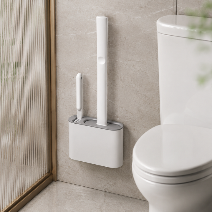 Facilité d'utilisation : Brosse WC DuoClean ergonomique en silicone avec son support à fixer au mur.