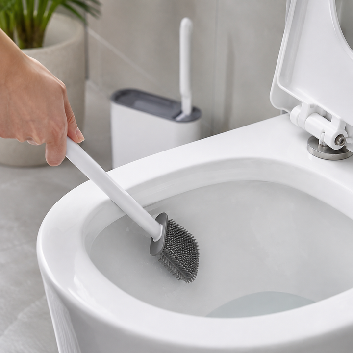 Brosse toilettes silicone flexible pour un nettoyage puissant sans rayer, inclut un support mural pratique.