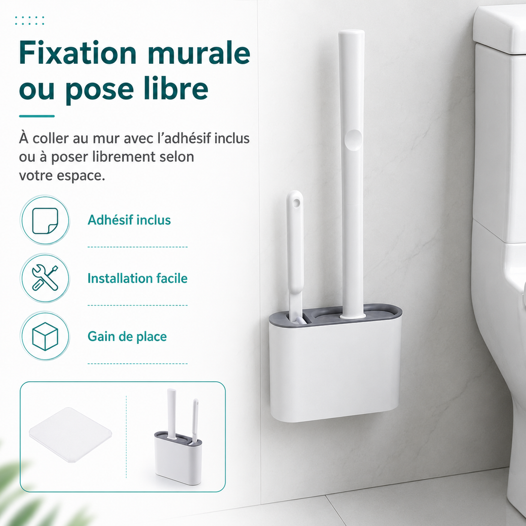 Hygiène optimale avec cette brosse WC en silicone antibactérien et son support mural compact pour salle de bain.