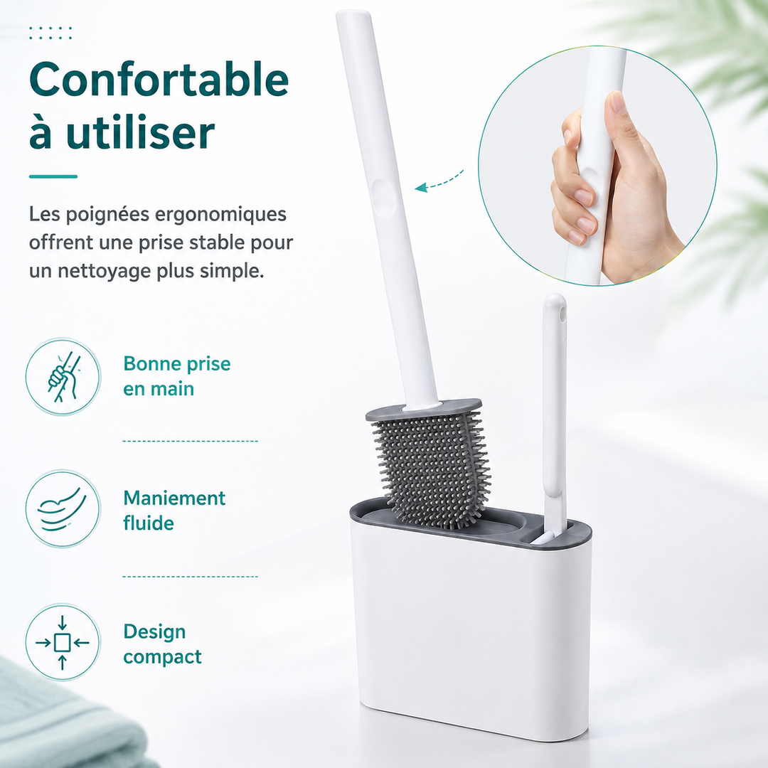 Optimisez l'espace avec la brosse de toilettes murale en silicone DuoClean, idéale pour les petites salles de bain.