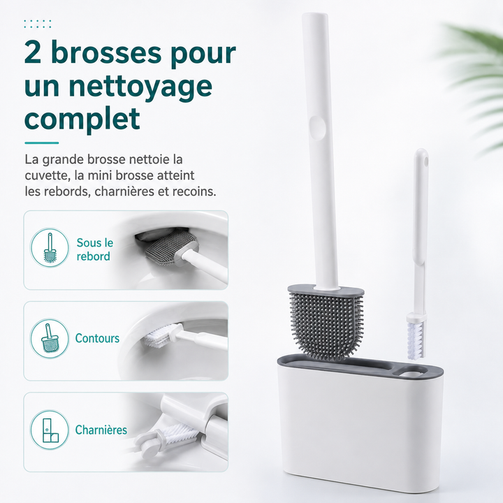 Nettoyage en profondeur avec la brosse WC DuoClean en silicone, conçue pour atteindre tous les recoins des toilettes.