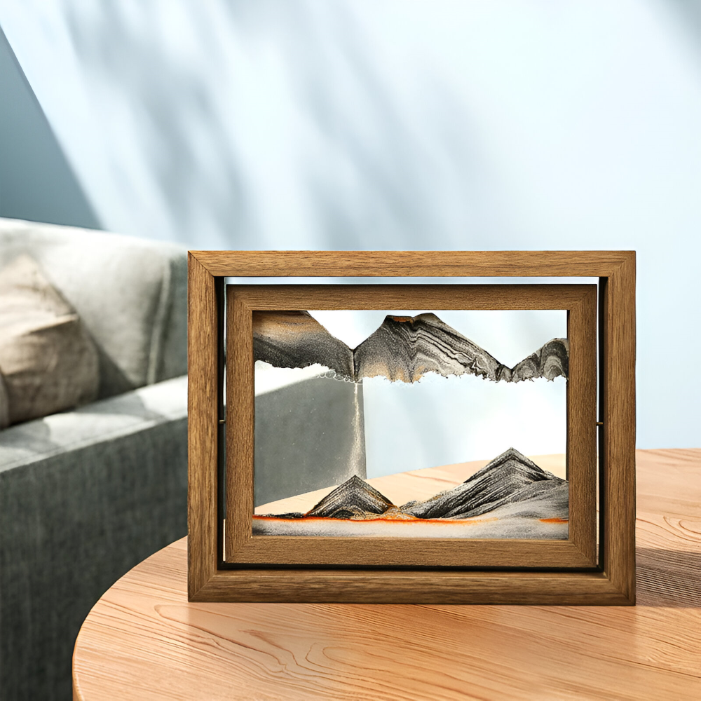 Décoration zen anti-stress avec sable mouvant et rotation 360° pour bureau ou salon.