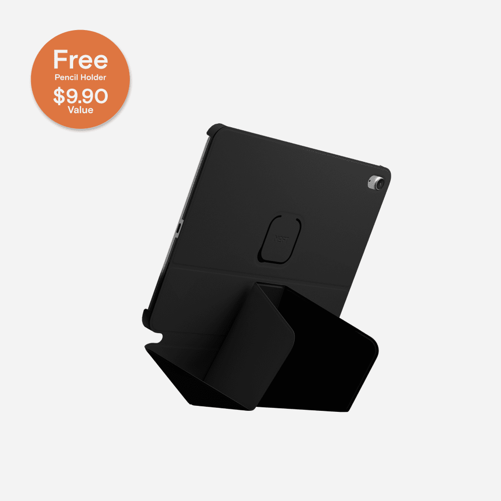 Housse iPad Air 5, étui folio bleu nuit, coque légère, accès facile aux ports et boutons.