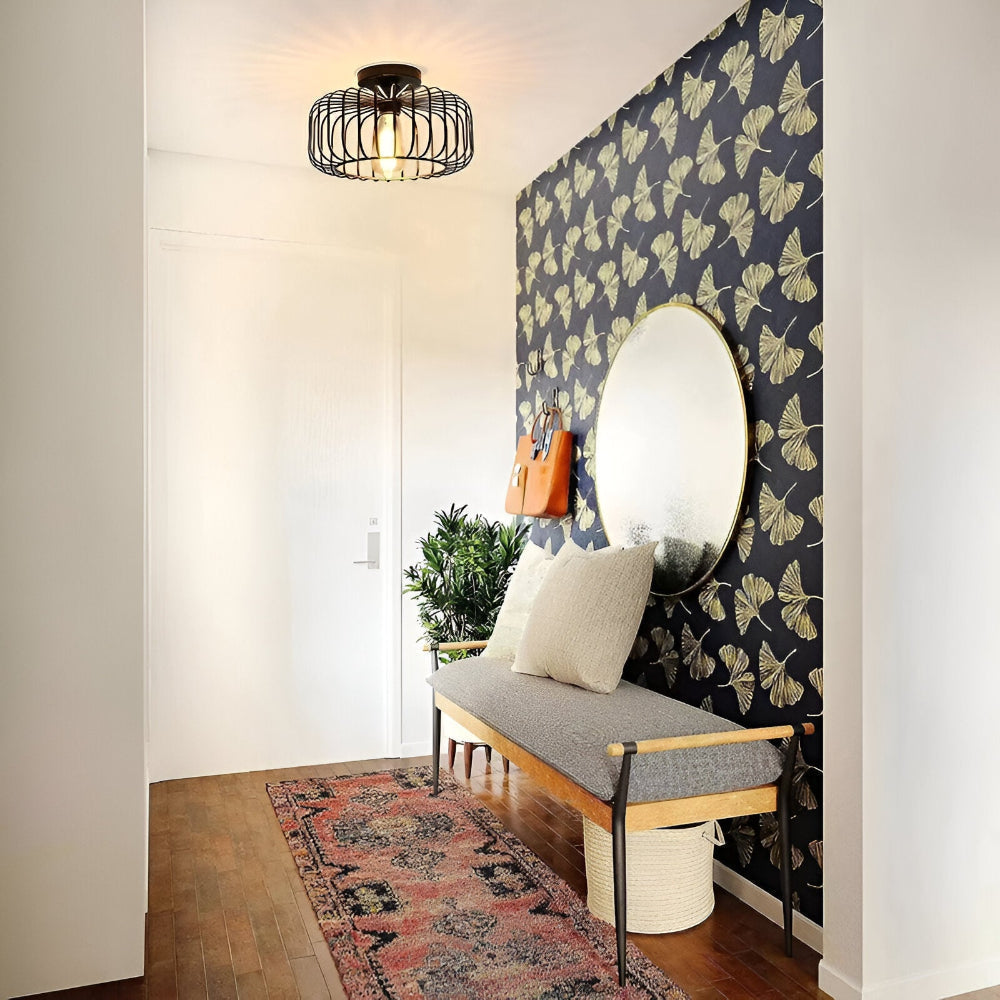 Plafonnier industriel noir, design cage. Ambiance chaleureuse et décoration intérieure moderne pour votre maison.