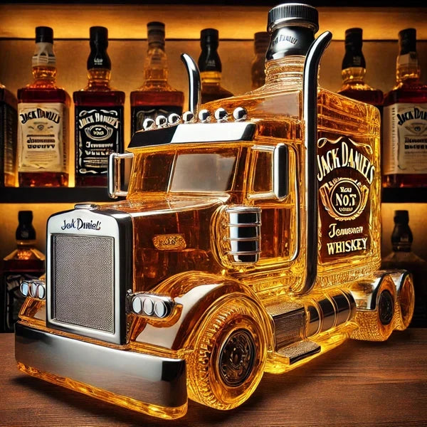 Carafe à whisky en verre soufflé, réplique détaillée d'un camion semi-remorque. Pour bar ou collection.