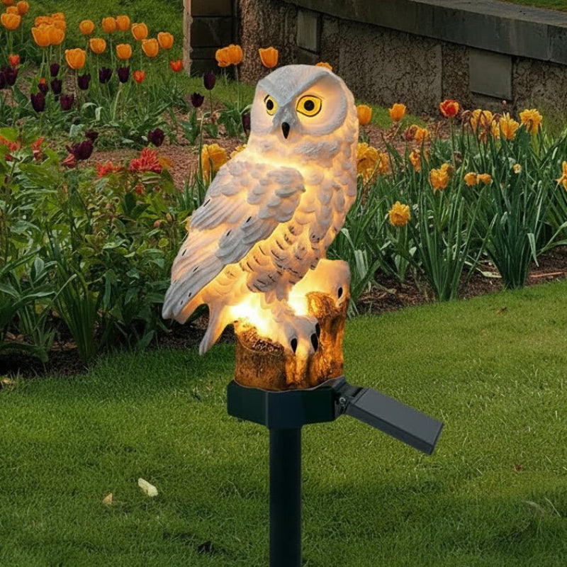 Lampe solaire hibou LED décorative pour jardin, résistante aux intempéries. Éclairage extérieur automatique.
