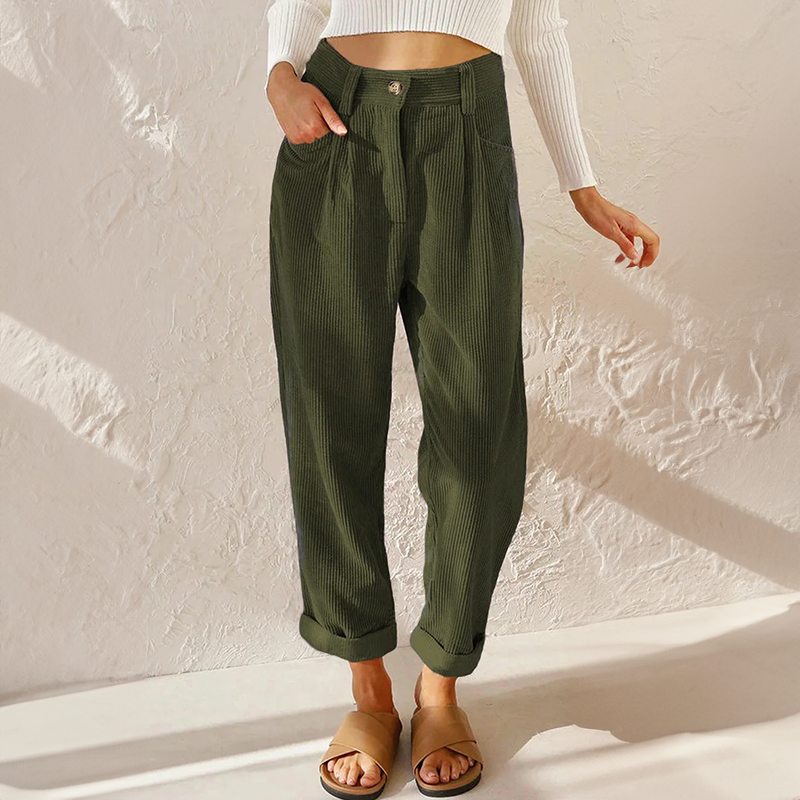 Vêtement femme : pantalon en velours côtelé ultra-confortable. Style décontracté chic, taille élastique, jambe large.