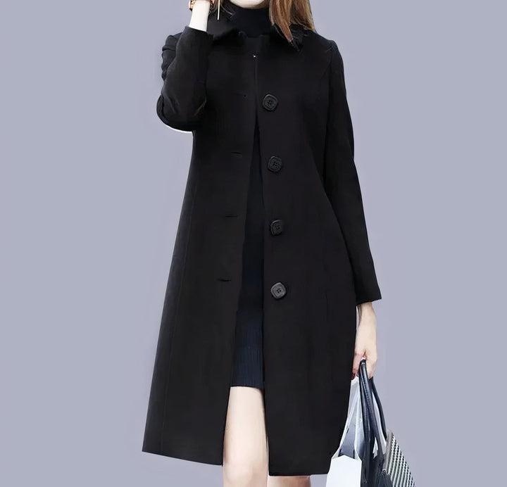 Manteau femme coupe classique, long, avec boutons, idéal pour la mode automne-hiver.