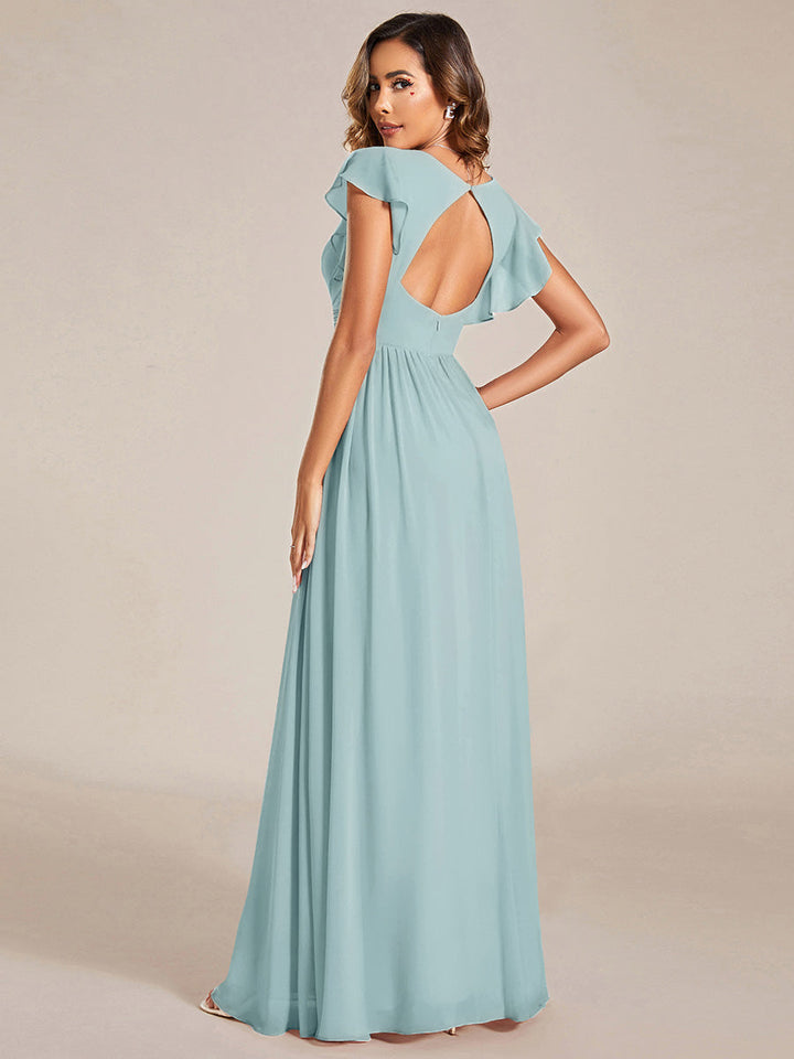 Robe fluide, dos ouvert, col en V, longueur maxi. Élégante pour demoiselle d'honneur, mariage d'été de rêve.