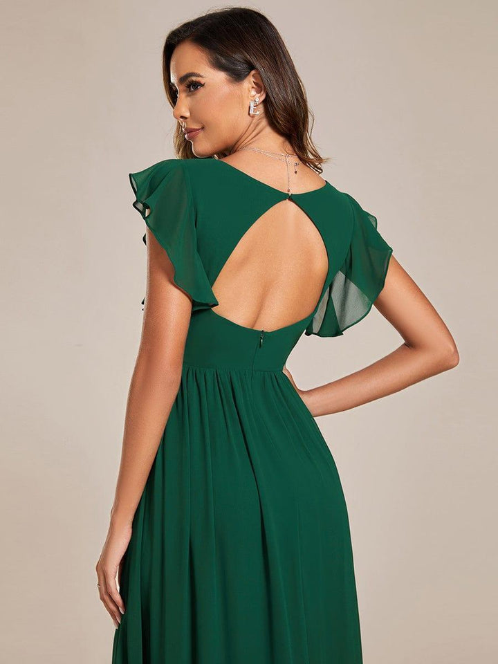 Robe élégante dos ouvert, col en V, manches courtes, parfaite pour demoiselle d'honneur ou invitée.