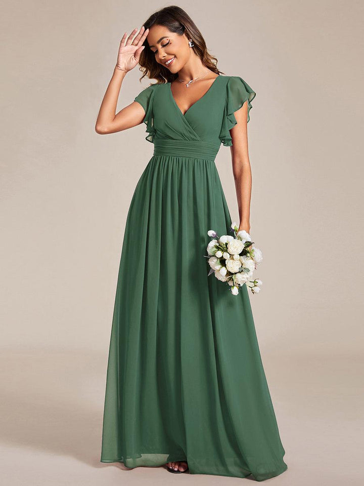 Robe fluide, dos ouvert, col en V. Élégante pour demoiselle d'honneur, longue et pour cérémonie.
