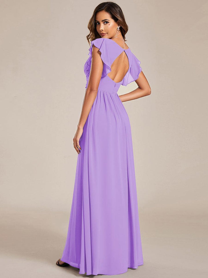 Robe de cérémonie élégante, dos ouvert, manches courtes. Longue et fluide pour demoiselle d'honneur.