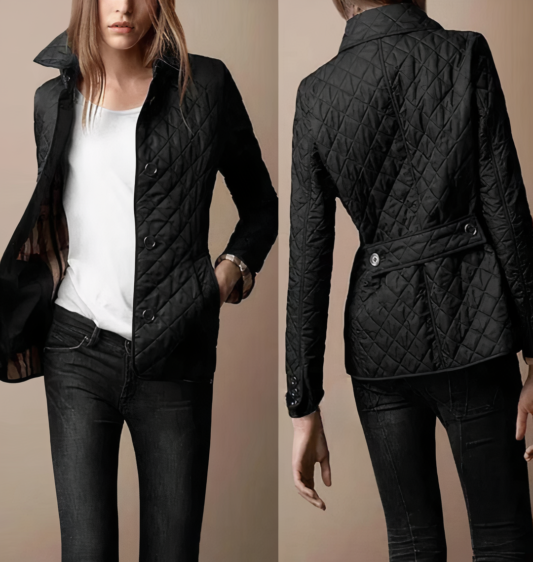 Veste femme matelassée décontractée et élégante. Modèle léger à boutons pour printemps, automne, mi-saison.