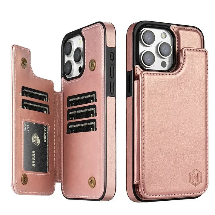 Étui iPhone 13 en cuir premium, porte-cartes intégré et fermeture magnétique pour sécurité.