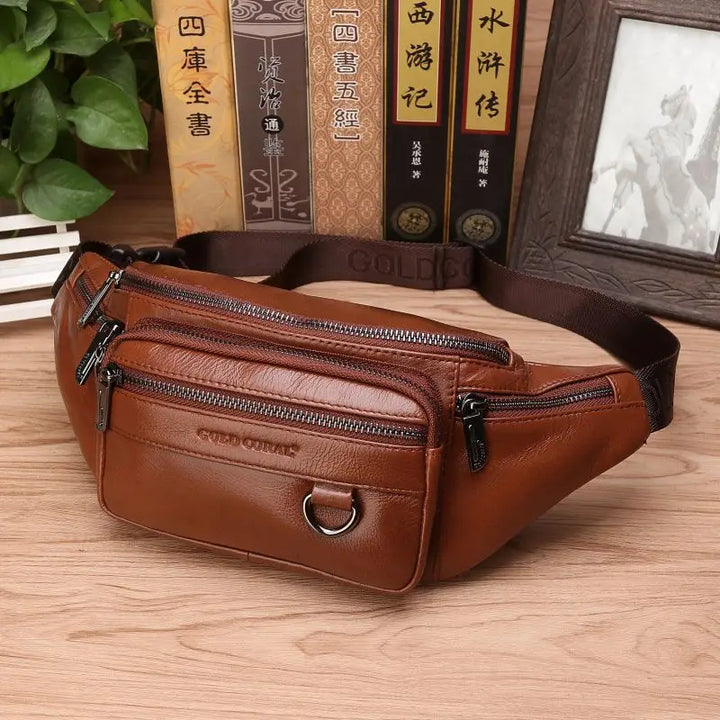 Sac banane homme cuir véritable marron, élégant, pour voyage et organisation quotidienne.