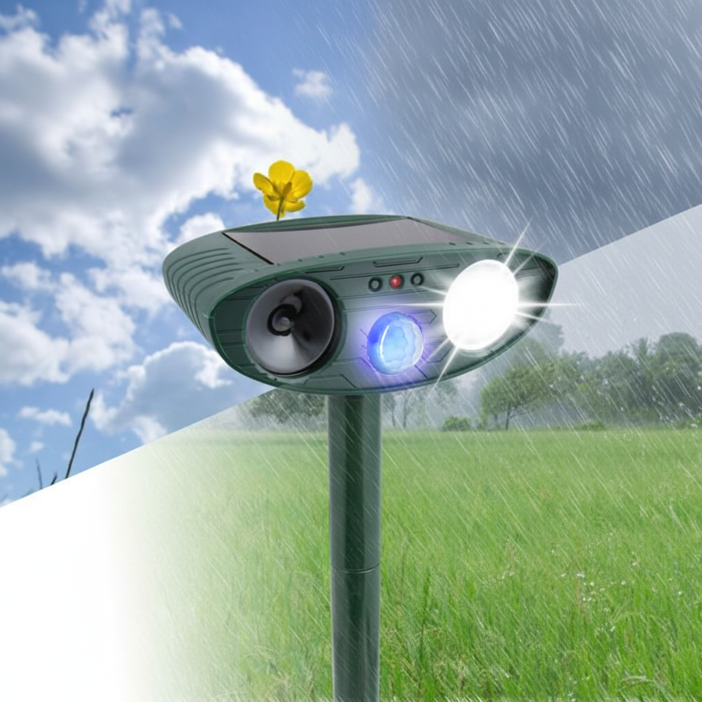 Répulsif ultrasonique solaire pour jardin, protège des nuisibles avec détection de mouvement.