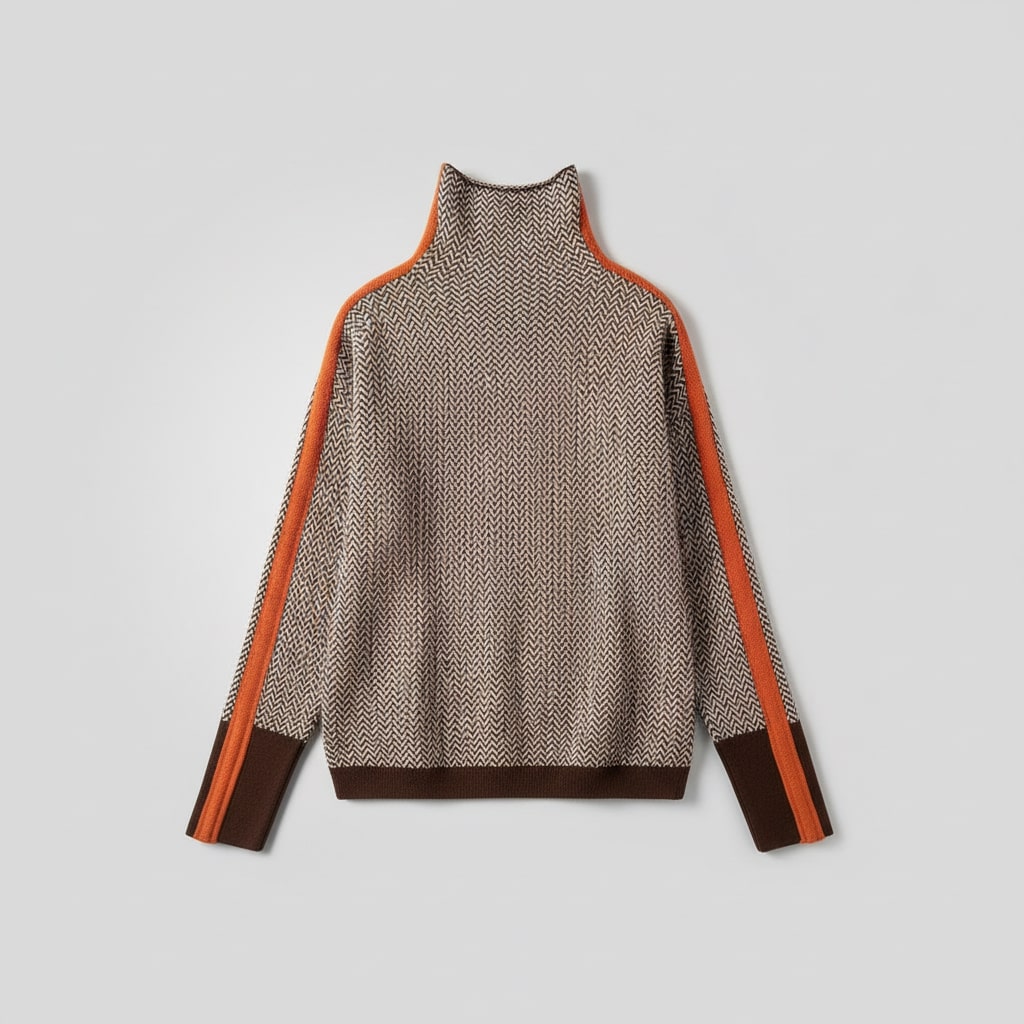 Chandail tricoté femme, col roulé, rayures mode. Confortable et chic pour la saison froide.