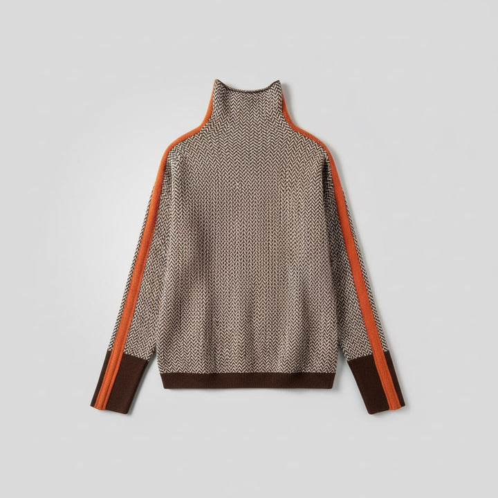 Chandail tricoté femme, col roulé, rayures mode. Confortable et chic pour la saison froide.
