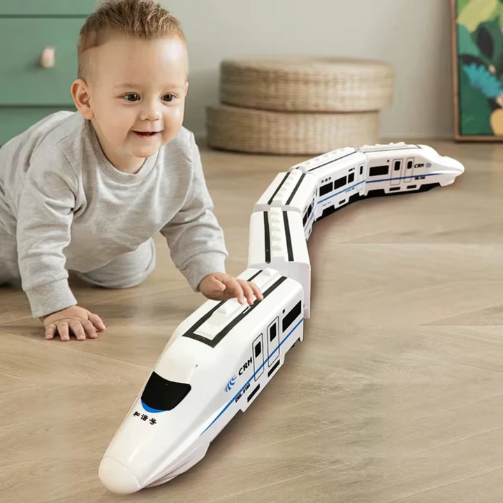Train électrique TrainExpress avec locomotive et wagons colorés, idéal pour jeu créatif enfant.
