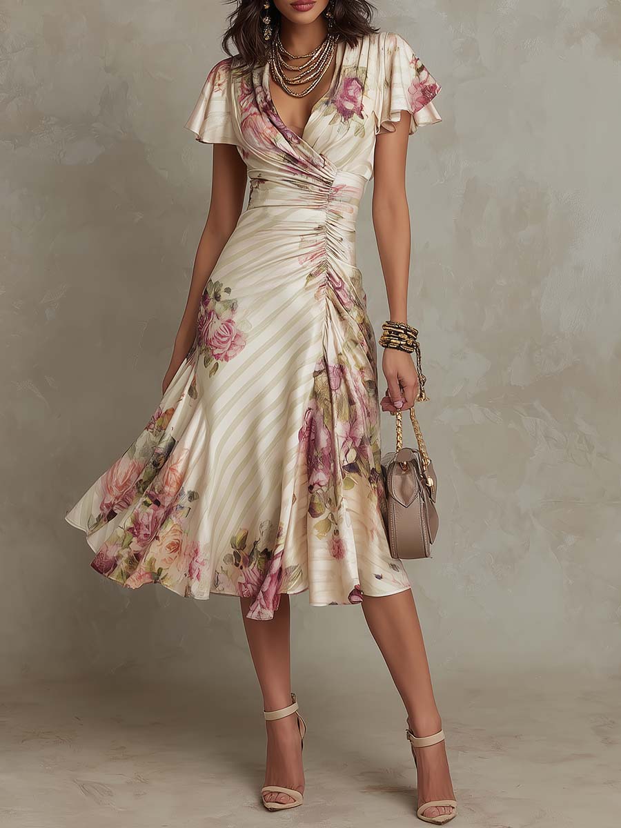 Robe midi fleurie femme, coupe cache-cœur élégante, motif floral rétro. Idéale printemps/été, chic pour soirée.