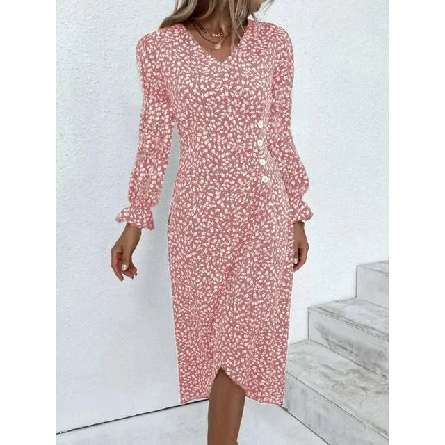 Élégante robe décontractée pour femme, à imprimé floral, coupe midi estivale.