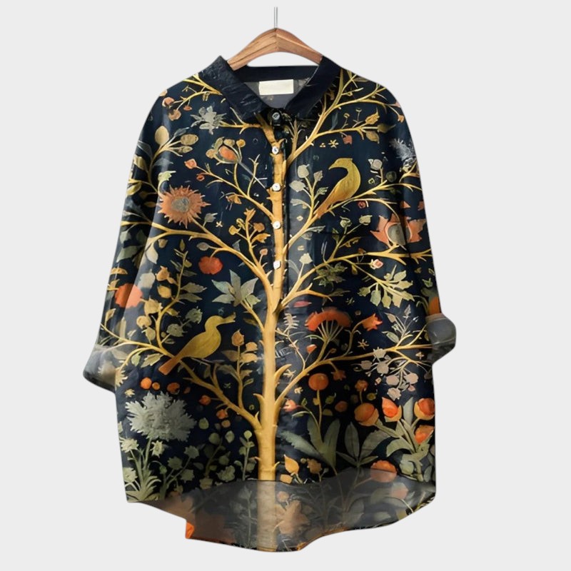 Blouse femme Nola fleurie versatile, chic pour le bureau, décontractée pour l'été, motif nature.