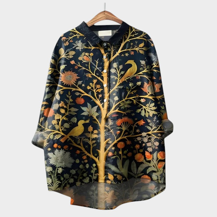 Blouse femme Nola fleurie versatile, chic pour le bureau, décontractée pour l'été, motif nature.