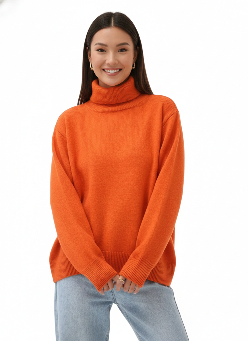 Pull col roulé oversize femme, chaud et élégant pour l'hiver.