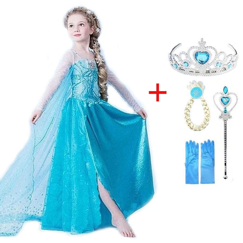 Déguisement Elsa enfant avec accessoires magiques scintillants : diadème, baguette et gants pour fille.