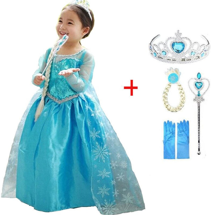 Vue arrière de la robe déguisement Elsa avec cape fluide et détails scintillants, costume de princesse fille.