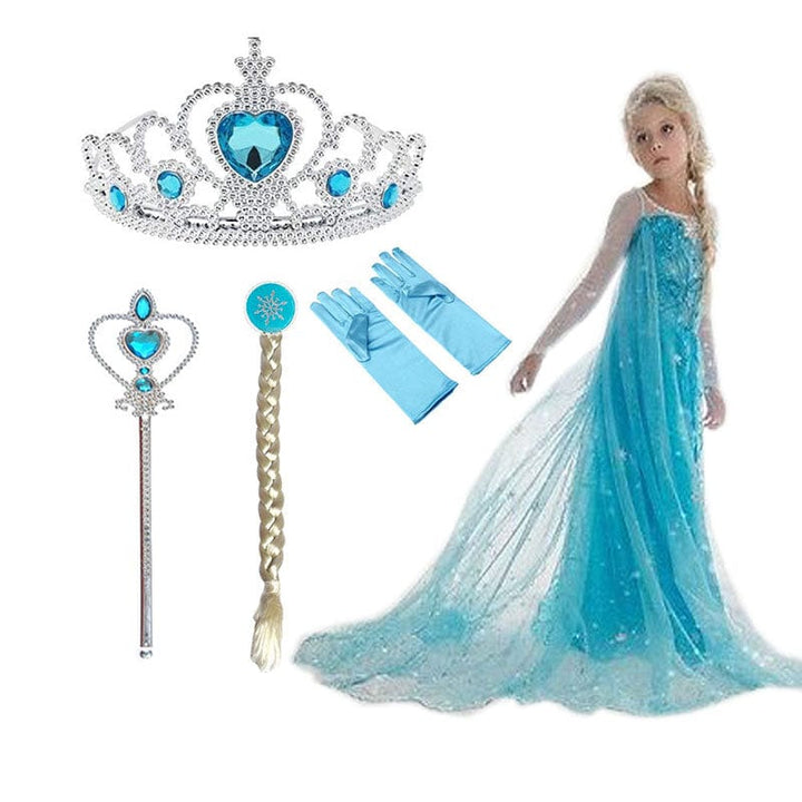 Costume Princesse Elsa fantaisie pour fille, robe scintillante idéale pour anniversaire, fête ou jeu de rôle.