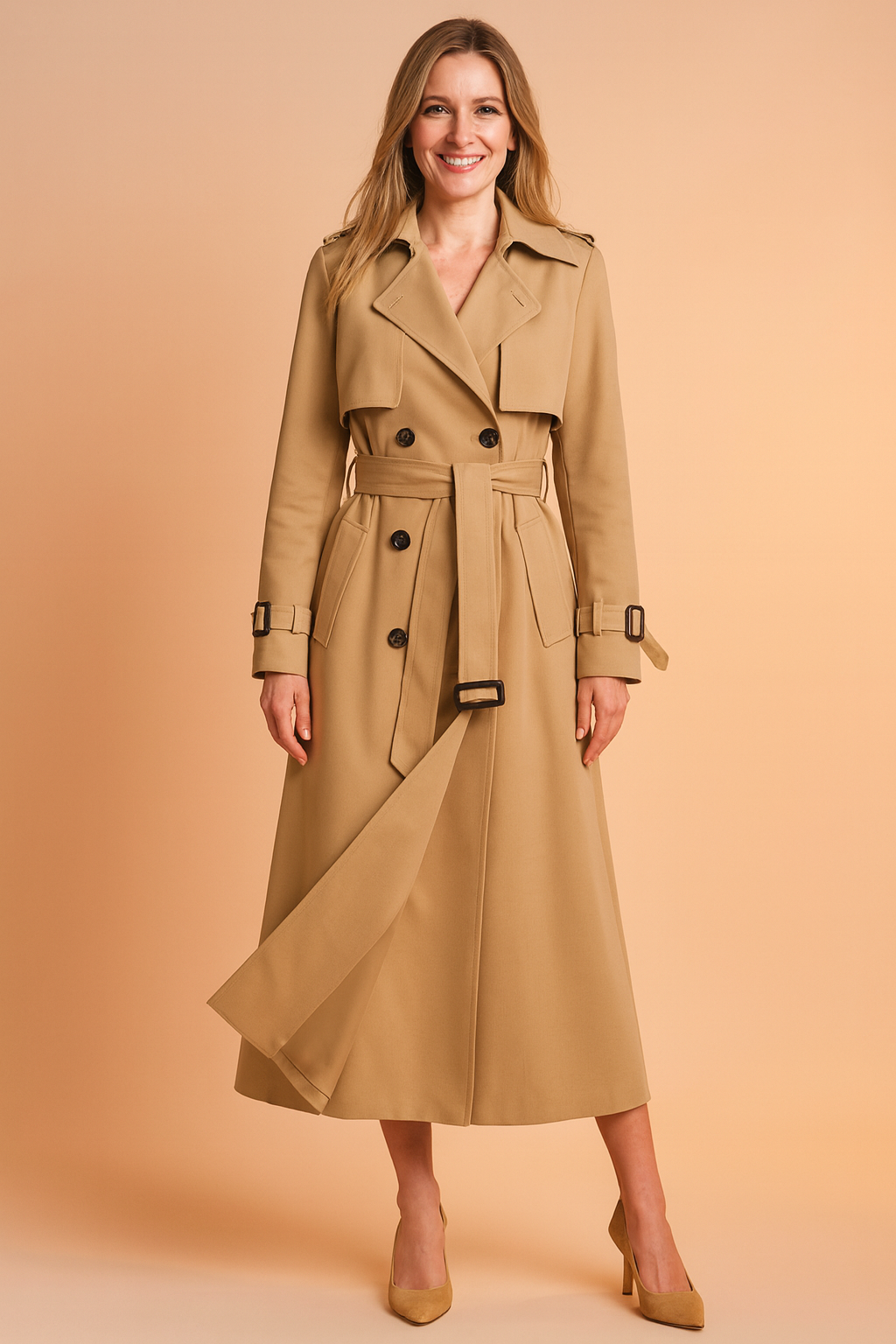 Femme portant un manteau trench ceinturé élégant, avec de larges revers. Manteau chic polyvalent pour l'automne/printemps.