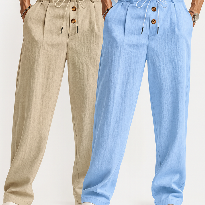 Ensemble de pantalons et chemise en lin pour hommes, coupe relaxed, idéal pour l'été et les vacances décontractées.