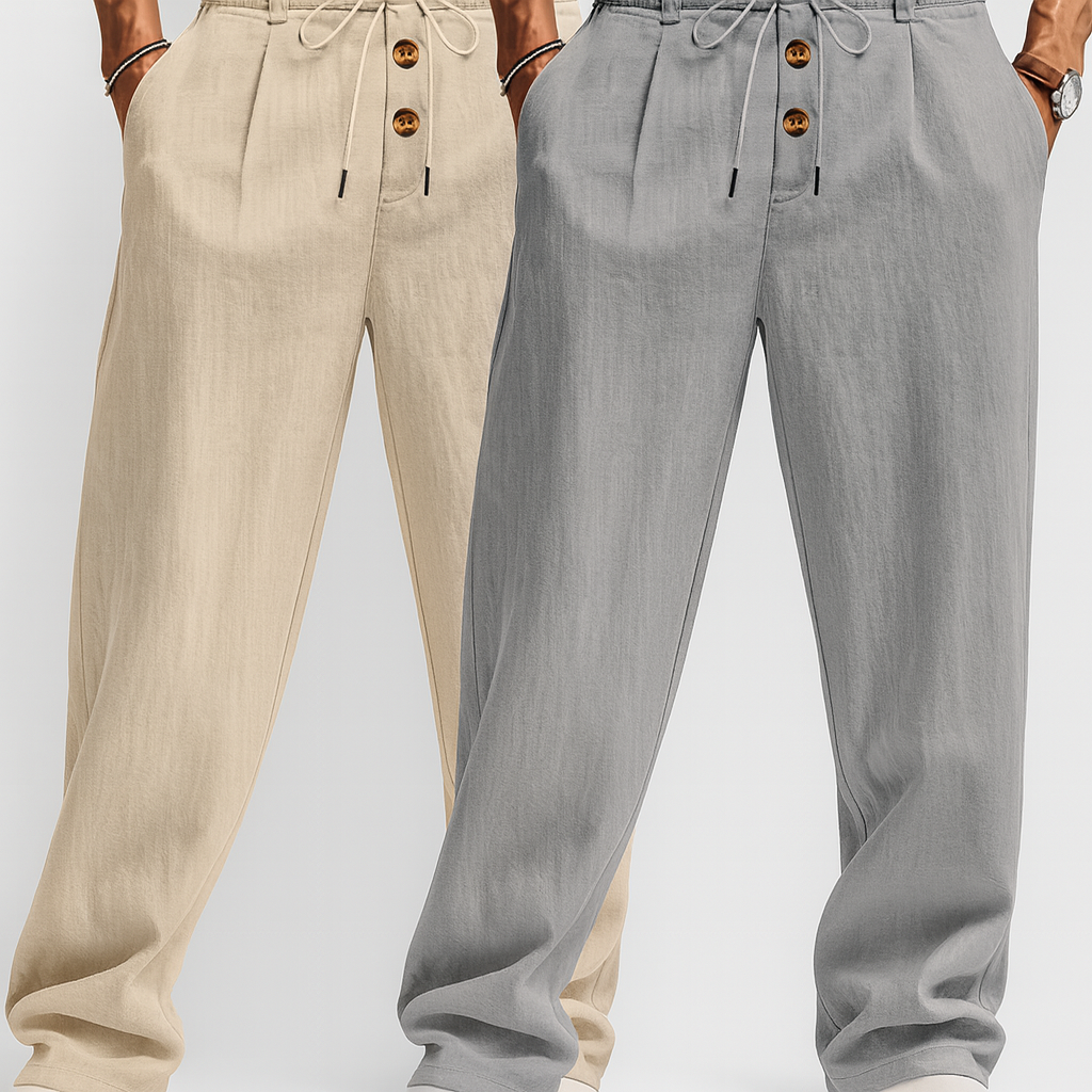 Ensemble coordonné de pantalon et haut en lin homme, tenue respirante et élégante pour l'été et la plage.