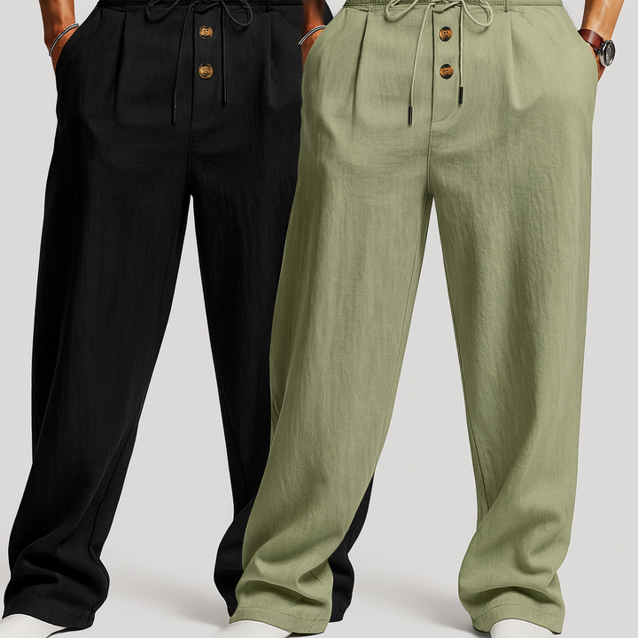 Ceinture élastique et cordon de serrage d'un pantalon en lin homme, confort maximal pour l'été relax.