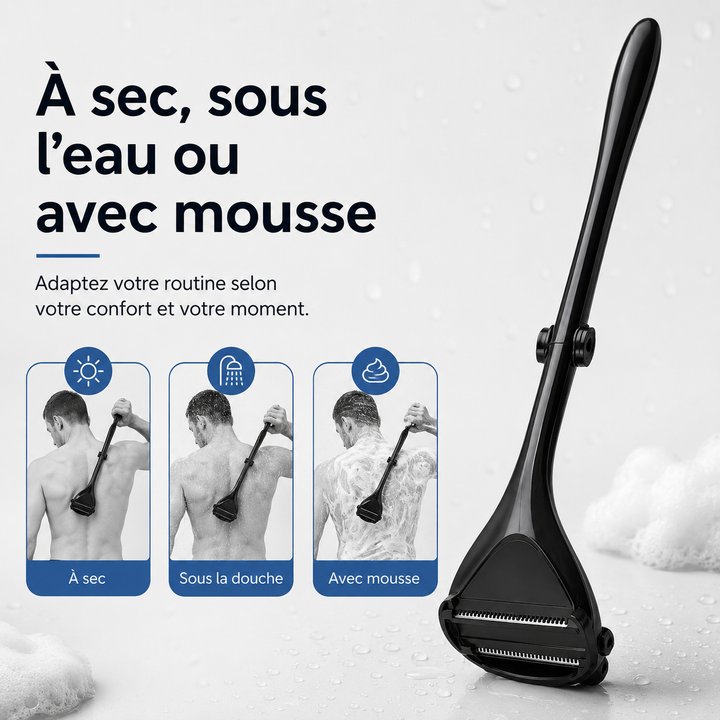 Homme rasant son dos avec le rasoir Flex Blade. Idéal pour un entretien corporel complet et autonome.