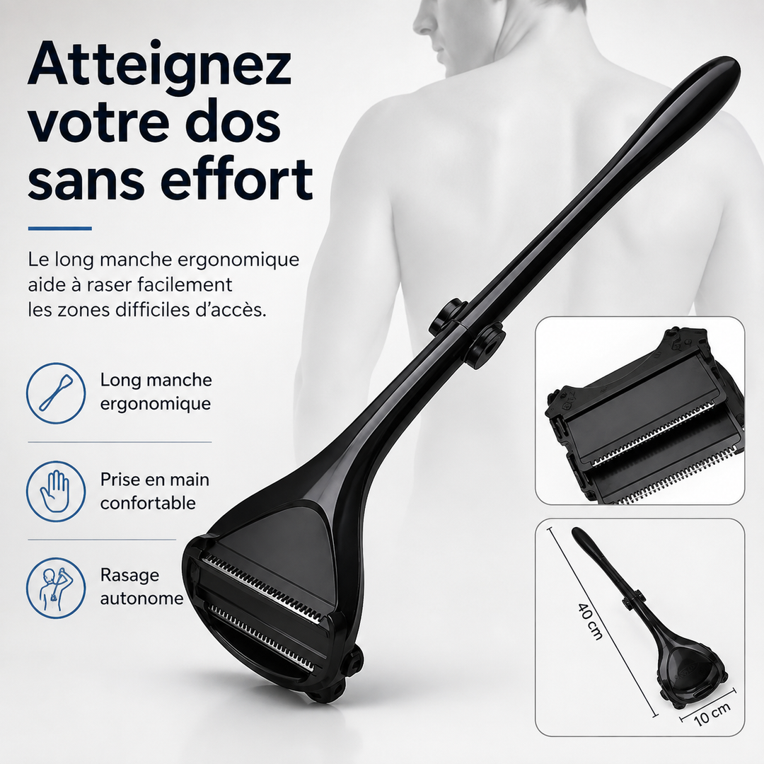 Poignée ergonomique du rasoir dos Flex Blade. Prise en main confortable pour un rasage du dos aisé.