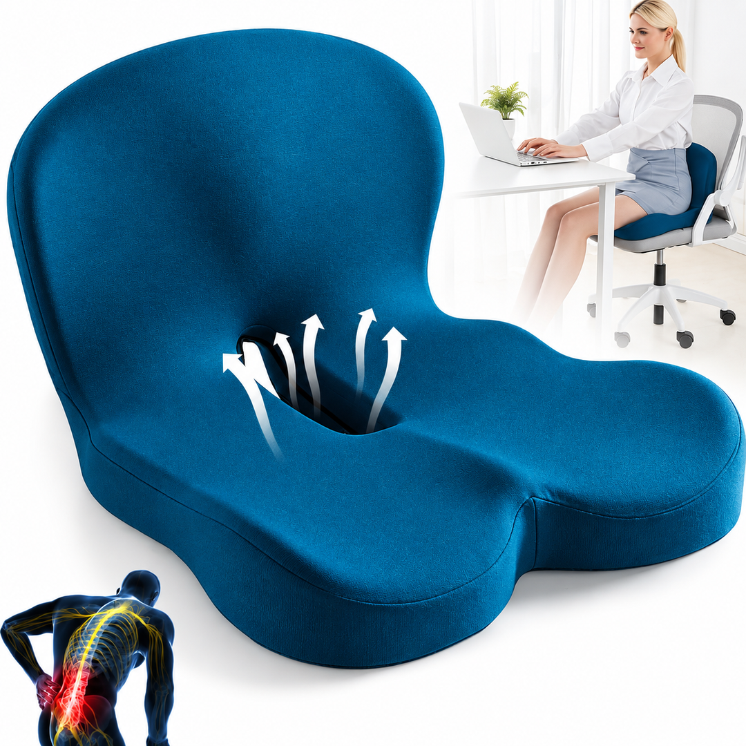 Coussin ergonomique en mousse à mémoire pour soutien lombaire au bureau.