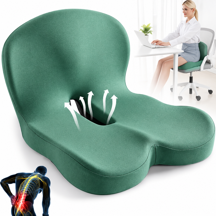 Assise ergonomique en mousse à mémoire, soulage les douleurs lombaires.