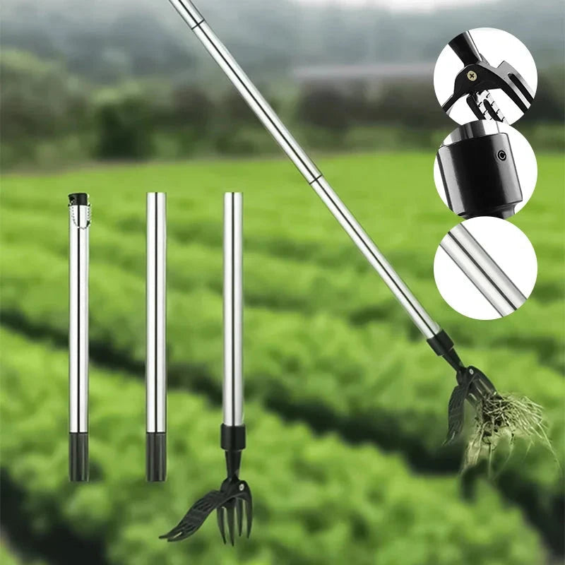 Outil désherbeur ergonomique avec long manche, idéal pour le jardinage sans effort et l'entretien de la pelouse.