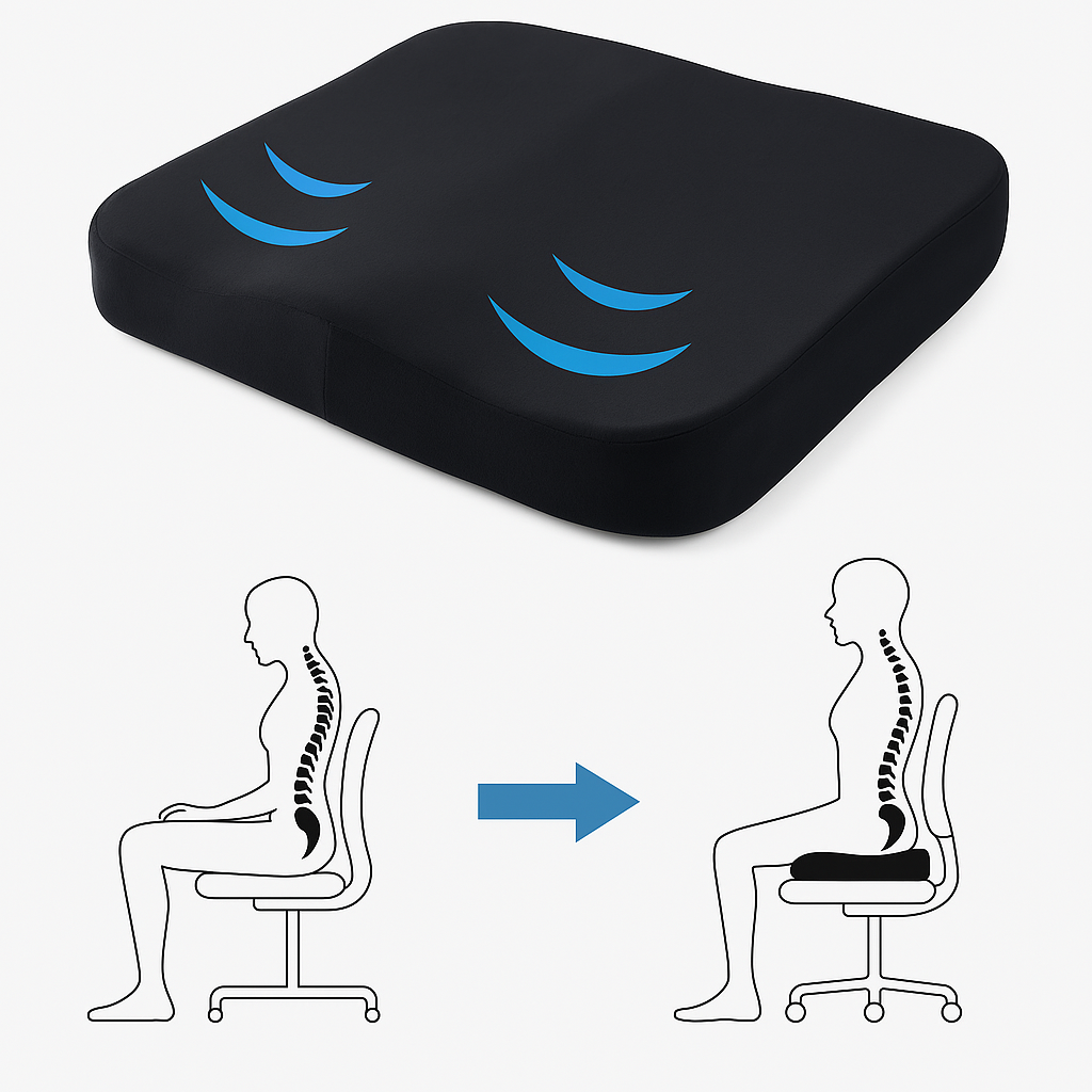 Coussin ergonomique universel pour un confort optimal du dos et coccyx. Parfait pour bureau, voiture et maison.