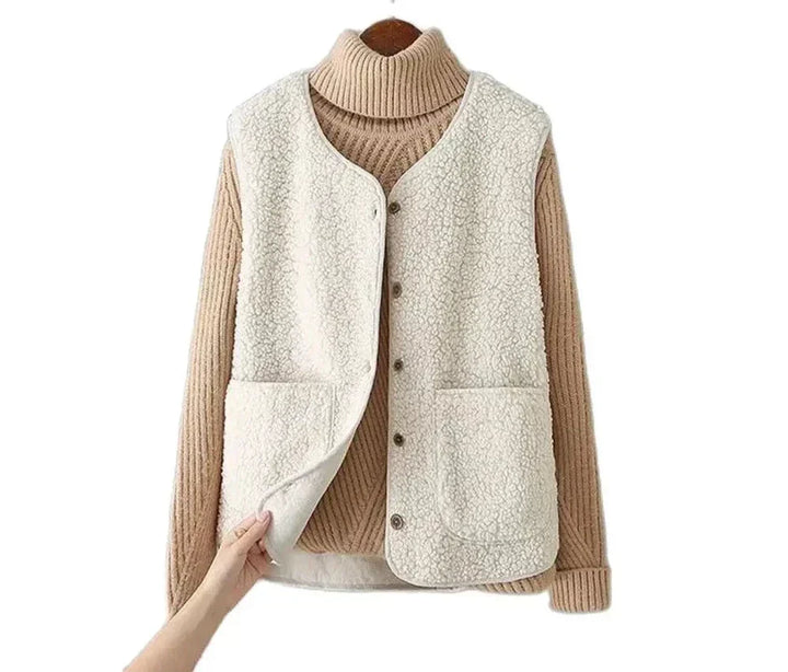 Zoom sur gilet femme sans manches, matière chaude et légère. Style décontracté chic pour l'hiver.