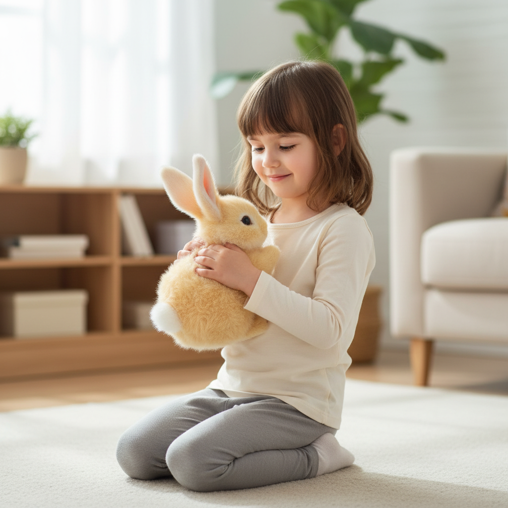 Enfant rieur jouant avec un lapin en peluche interactive, son jouet sauteur électronique et stimulant. Doux et sûr.