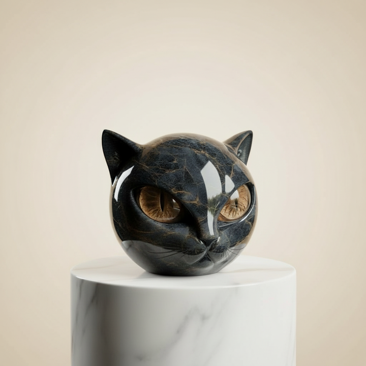 Tête de chat stylisée en résine brillante, parfaite comme cadeau original ou art félin.