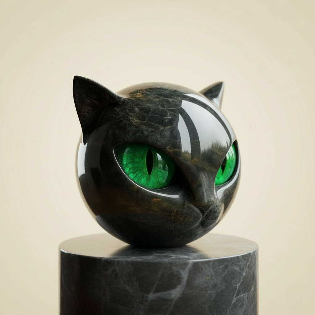 Sculpture tête de chat noire en résine brillante, élégance féline pour déco bureau moderne.